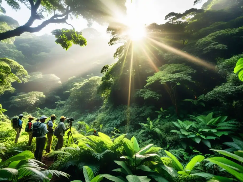 Un bosque exuberante con luz solar filtrándose a través del dosel, resaltando la diversa flora y fauna