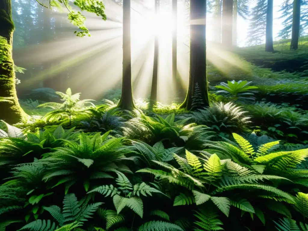 Un bosque exuberante con luz solar filtrándose a través del dosel, resaltando la vegetación vibrante y creando patrones de sombra