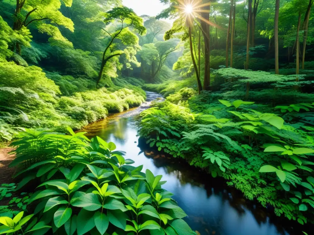 Un bosque exuberante con luz solar filtrándose a través del dosel, resaltando las hojas verdes y creando sombras moteadas en el suelo