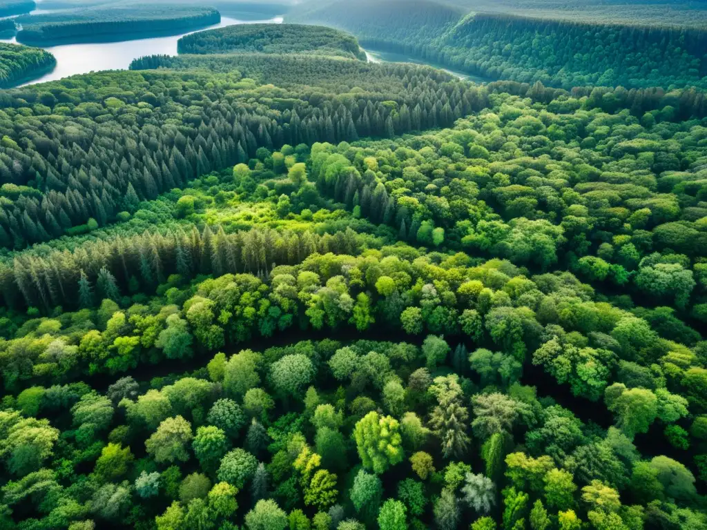 Un bosque exuberante y densamente poblado se extiende hasta donde alcanza la vista, con una vibrante gama de tonos verdes