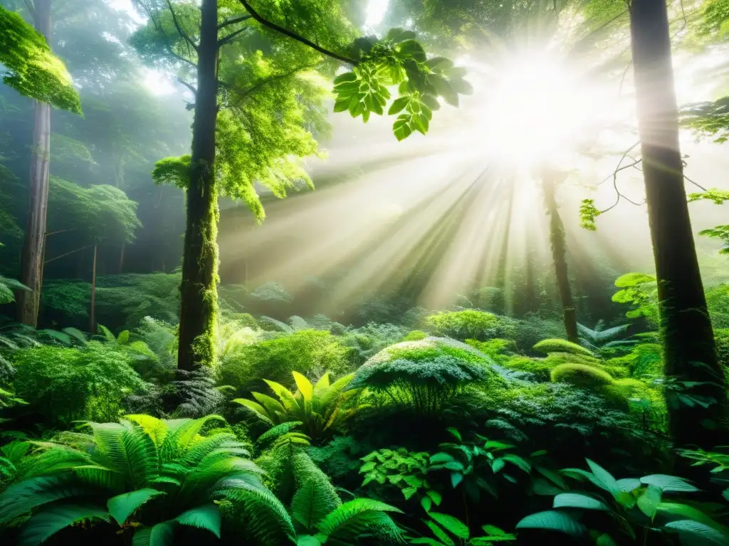 Un bosque exuberante y próspero con luz solar entre el dosel, mostrando la biodiversidad y belleza natural