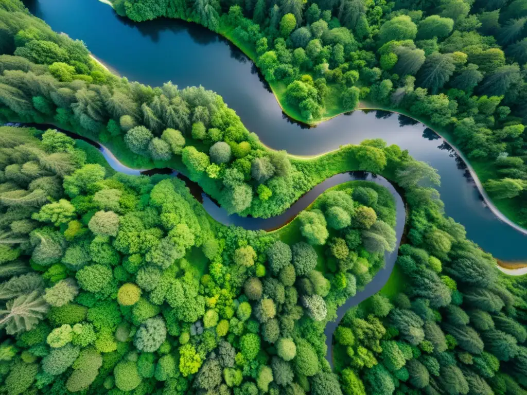 Bosque exuberante y río serpenteante, capturando la interconexión del ecosistema