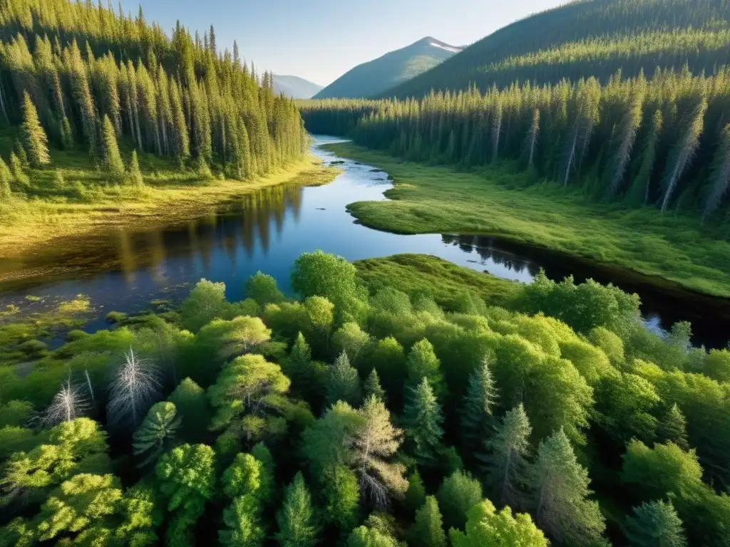 Un bosque exuberante de la región de Taiga con árboles altos y musgo espeso en el suelo