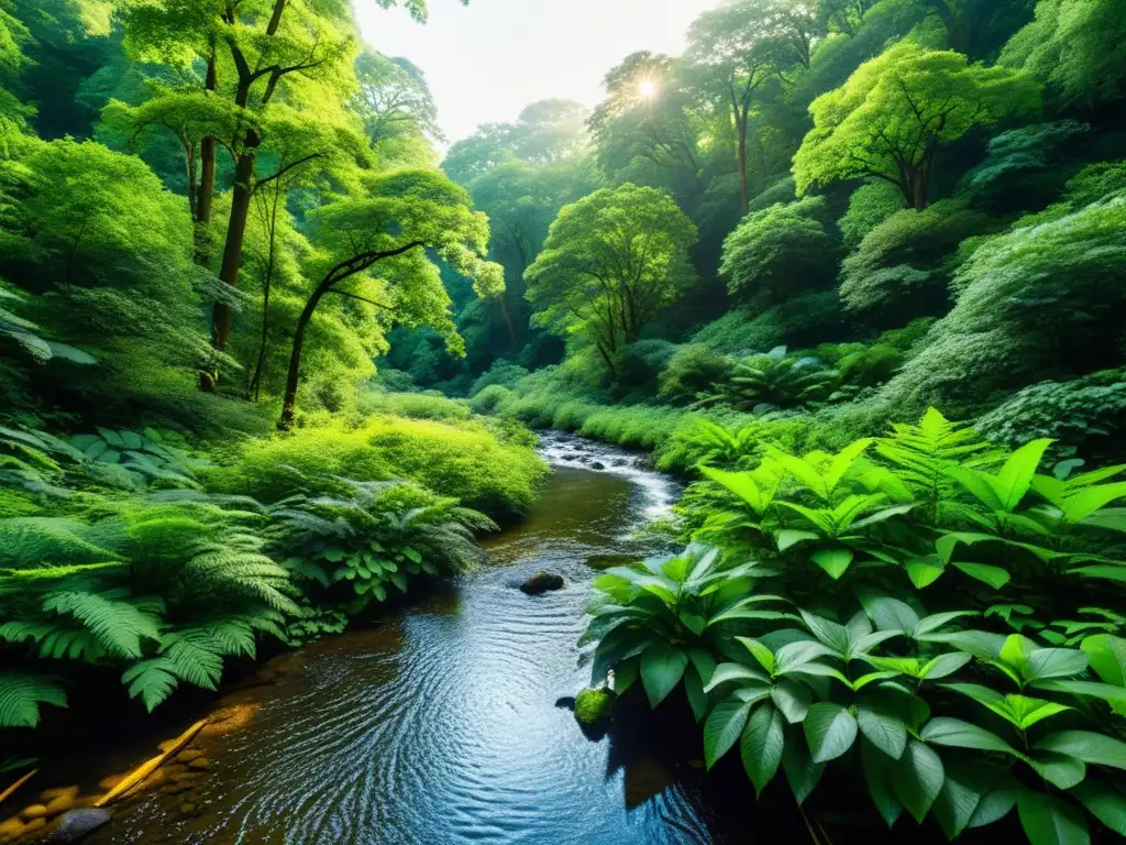 Un bosque exuberante y verde con árboles frondosos, hojas bañadas de luz solar