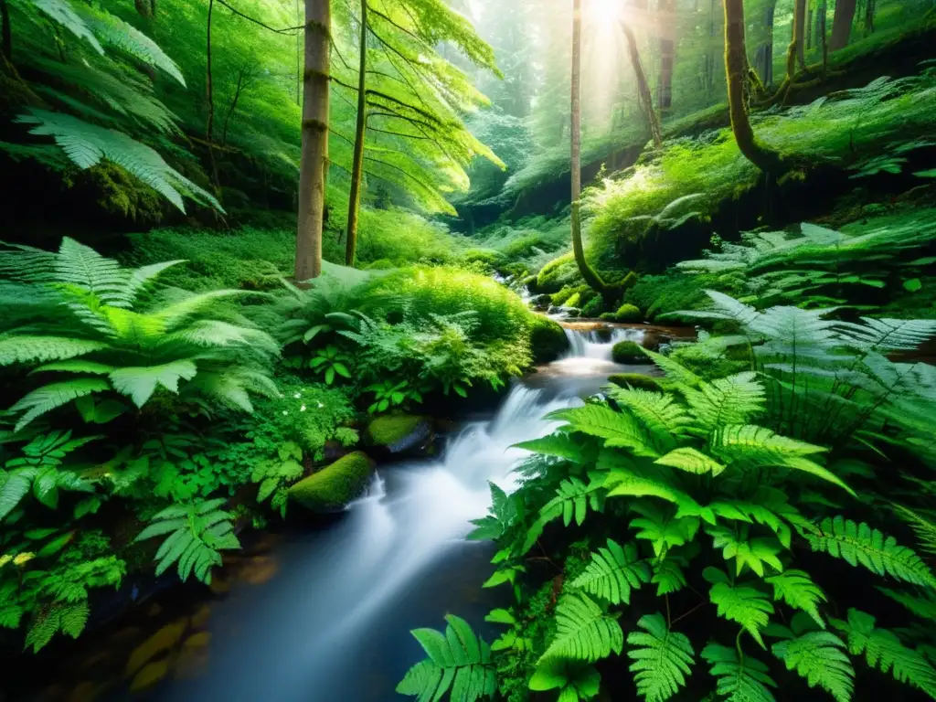 Un bosque exuberante y verde con árboles majestuosos que proyectan luz solar entre el dosel