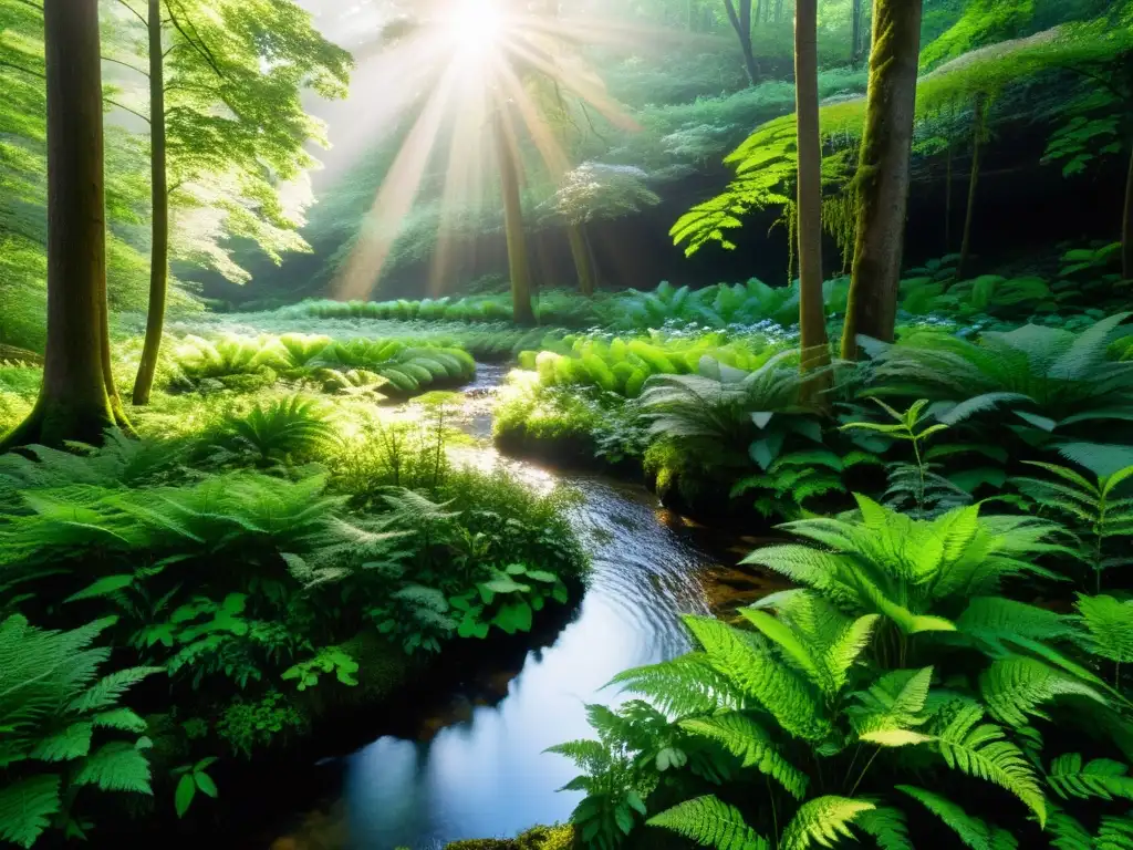 Un bosque exuberante y verde con luz solar filtrándose a través del dosel, creando sombras moteadas en el suelo del bosque