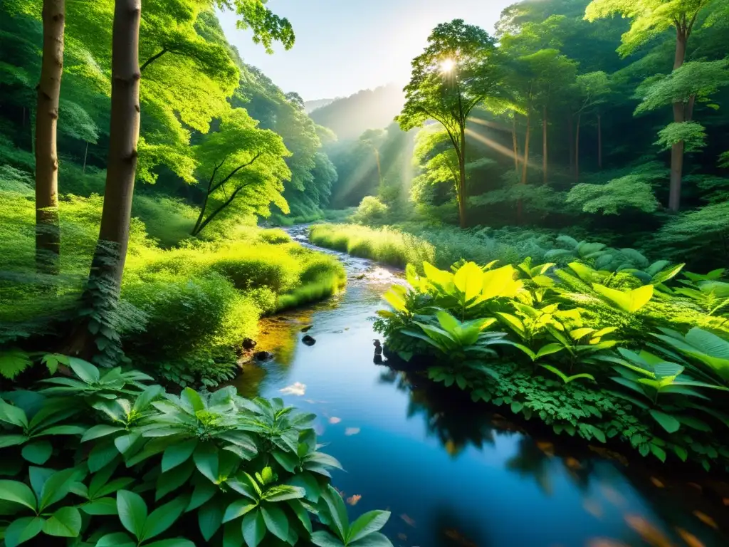 Un bosque exuberante y verde con rayos de sol filtrándose a través del dosel, iluminando las hojas verdes y creando sombras moteadas en el suelo