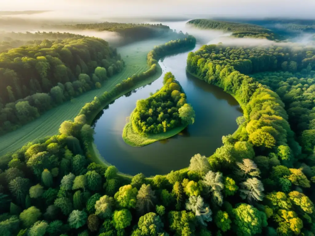 Un bosque exuberante y verde con un río serpenteante al atardecer