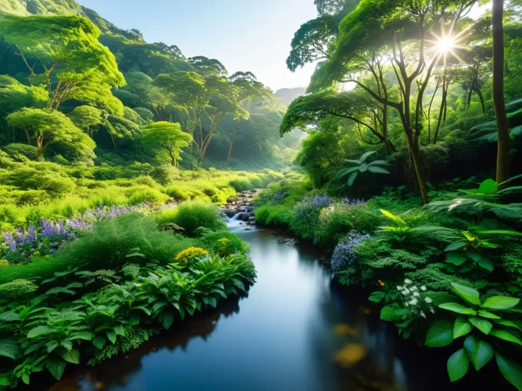 Un bosque exuberante y vibrante con un arroyo serpenteante, reflejando la belleza natural