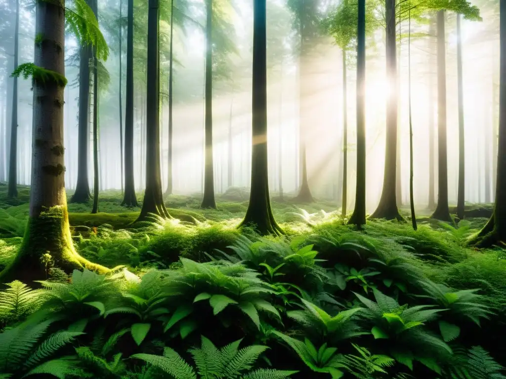 Un bosque exuberante y vibrante bañado por la luz del sol, tejiendo patrones de luz y sombra en el suelo