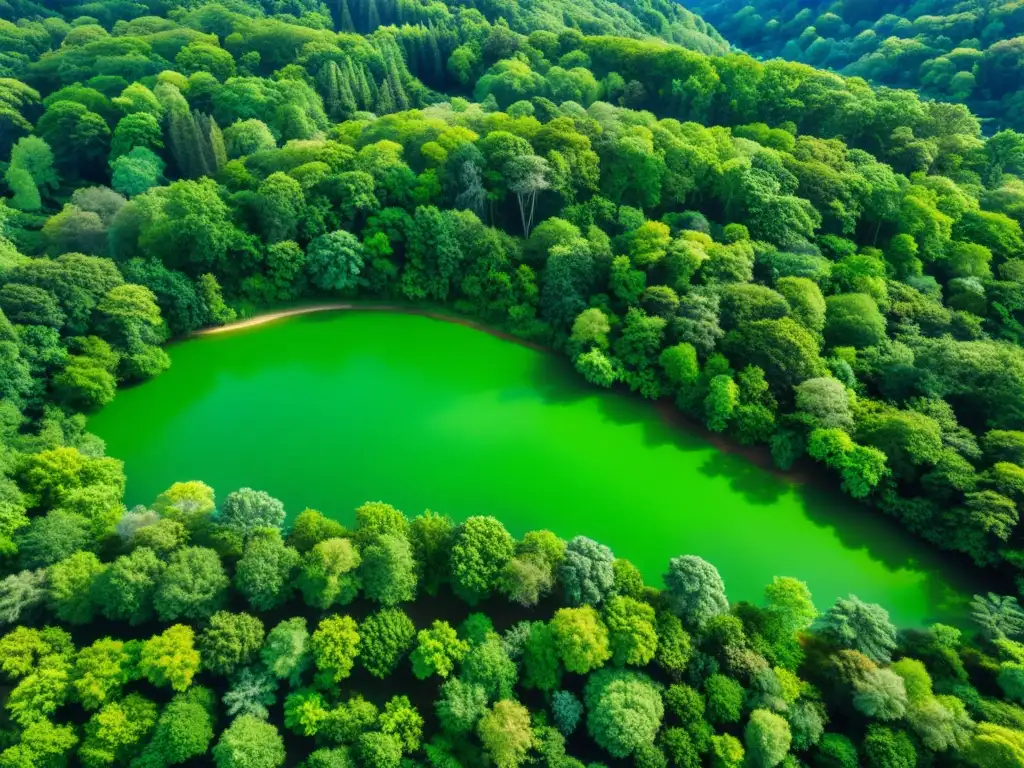 Un bosque exuberante y vibrante bajo un cielo azul, con luz solar filtrándose entre las hojas