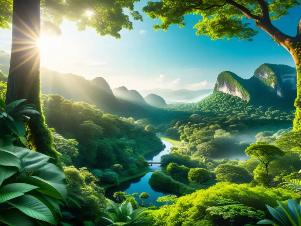 Bosque vibrante: belleza natural y equilibrio Un bosque exuberante y vibrante con la luz del sol filtrándose a través del dosel, resaltando la diversa vida vegetal y animal