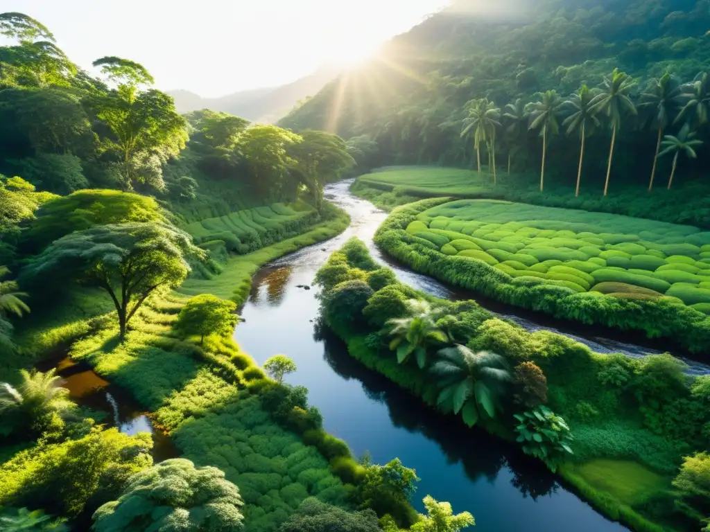 Un bosque exuberante y vibrante con luz solar filtrándose a través del dosel, resaltando la frondosa vegetación verde y diversa variedad de plantas