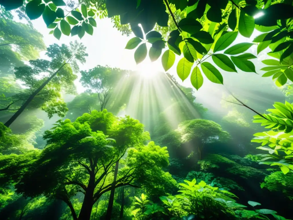 Un bosque exuberante y vibrante con luz solar filtrándose a través del dosel, demostrando la diversidad de tonos verdes y patrones de follaje