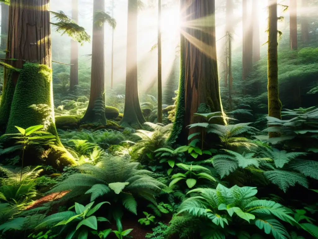 Un bosque exuberante y vibrante con luz solar filtrándose a través del dosel, destacando la red intrincada de plantas, árboles y vida silvestre