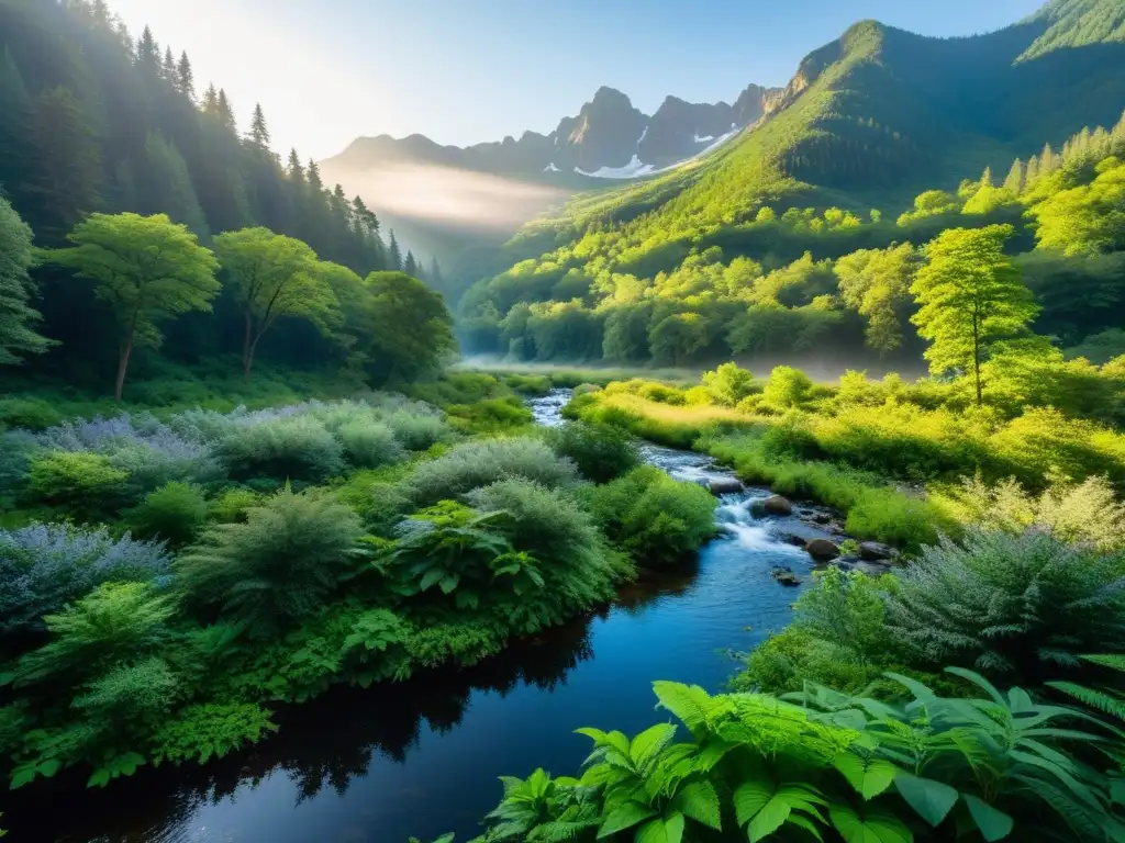 Un bosque exuberante y vibrante con luz solar filtrándose entre el dosel, creando sombras moteadas en el suelo