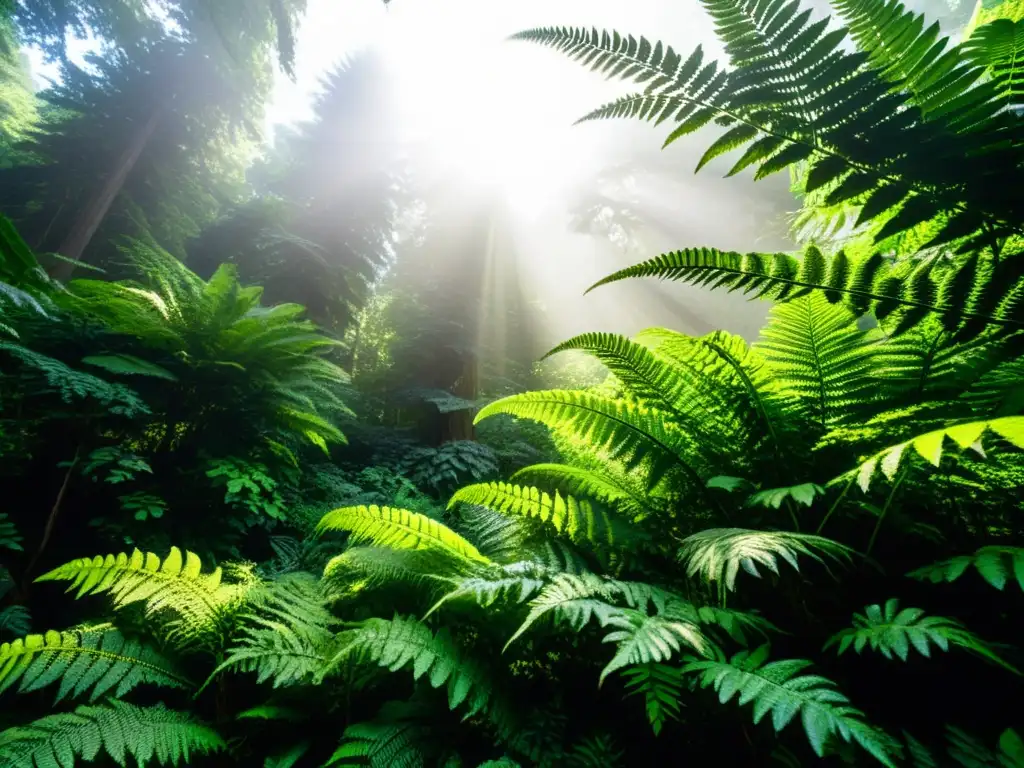 Un bosque exuberante y vibrante, con luz solar filtrándose a través del dosel, mostrando la biodiversidad y belleza natural