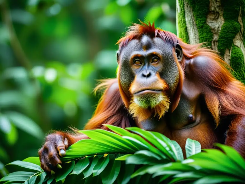 Orangután de Sumatra en bosque exuberante