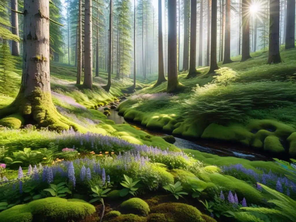 Un bosque boreal con flora y fauna de la taiga boreal: árboles altos, musgo verde, flores silvestres, luz solar filtrada y un arroyo sereno