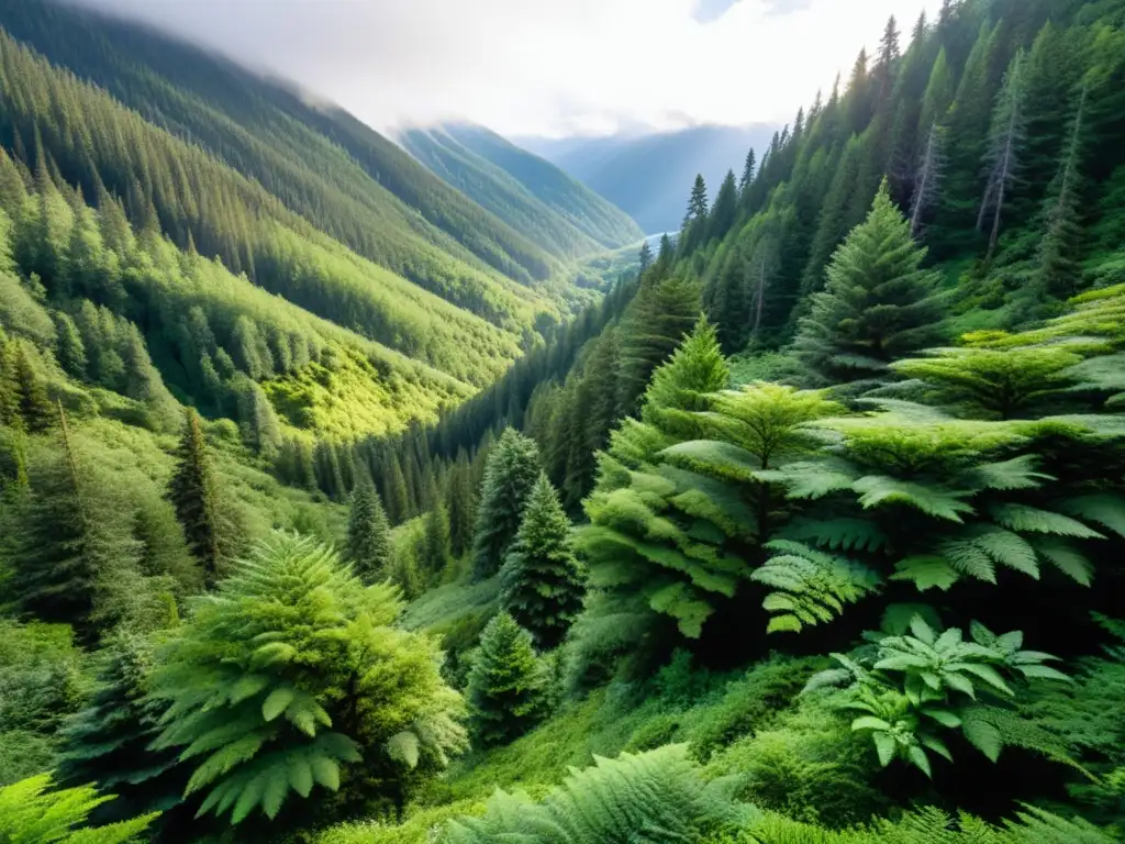 Un bosque frondoso de árboles perennes cubre la ladera de la montaña, con la luz del sol filtrándose a través del dosel para iluminar el exuberante follaje verde