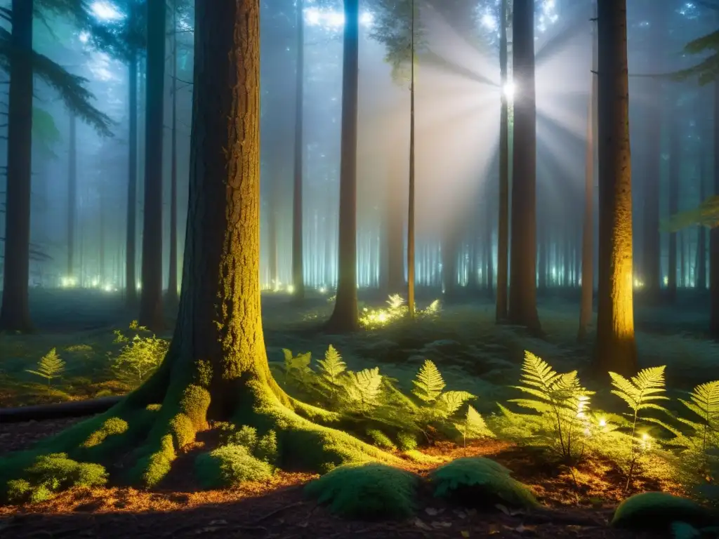 Un bosque iluminado por luces LED naturales, creando una atmósfera serena y etérea