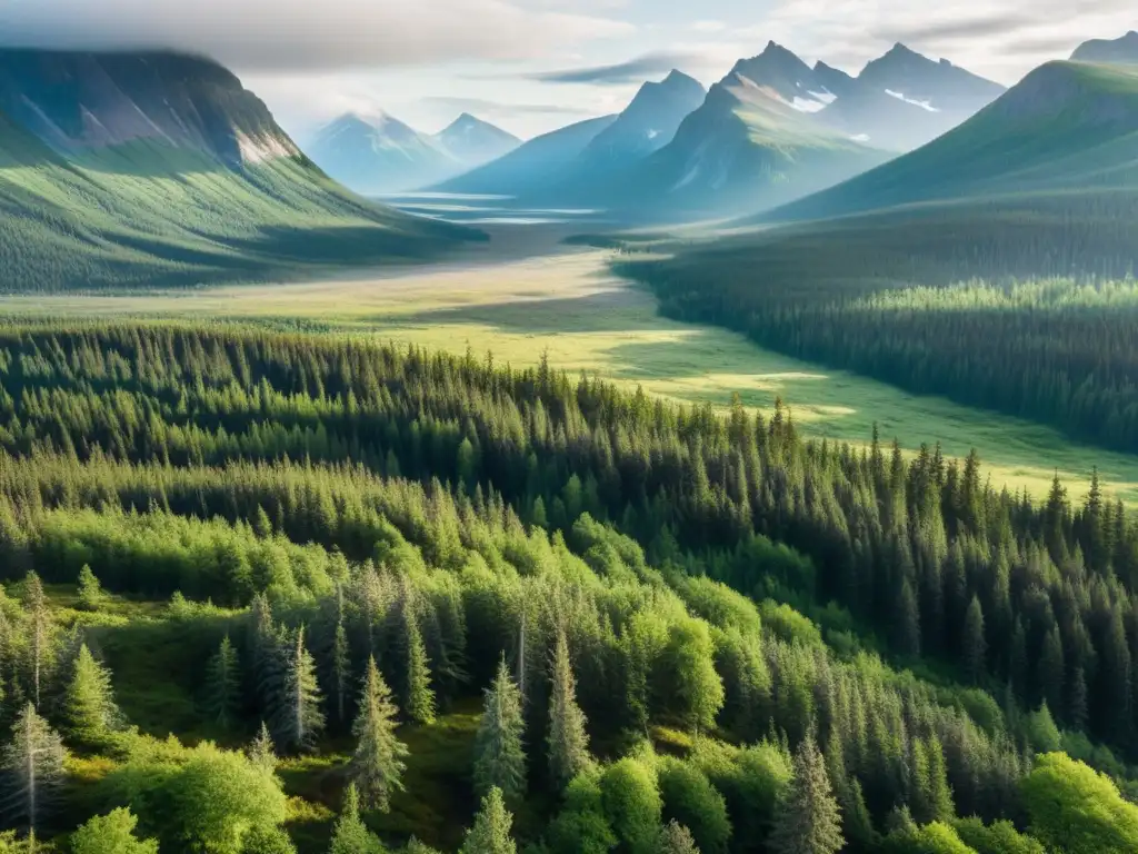 Un bosque boreal inmenso con árboles altos proyectando sombras largas en el suelo