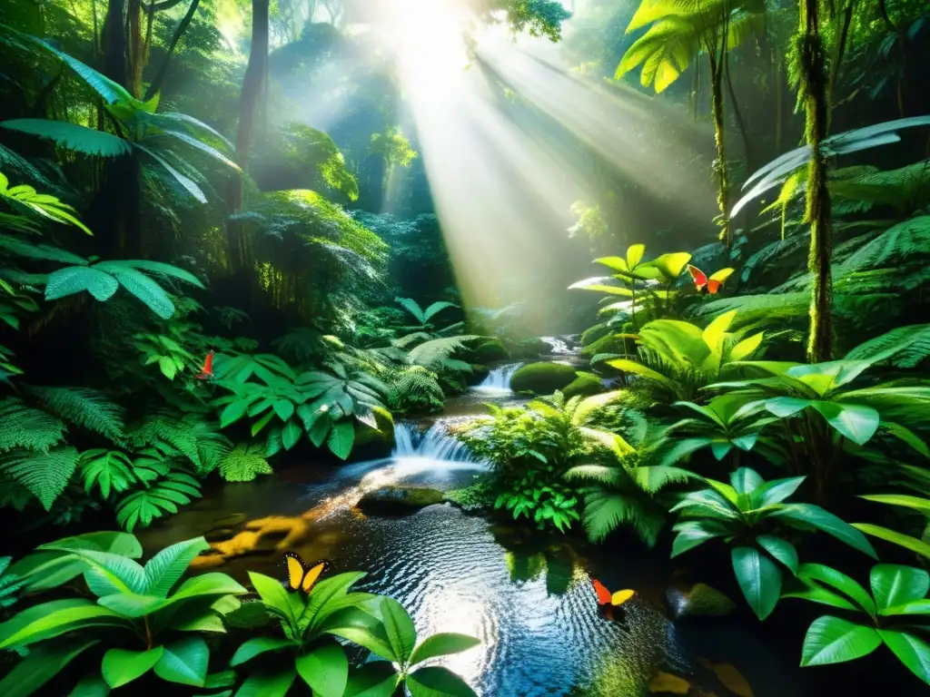 Un bosque lluvioso exuberante, con un arroyo claro serpenteando entre árboles frondosos y vida vegetal vibrante