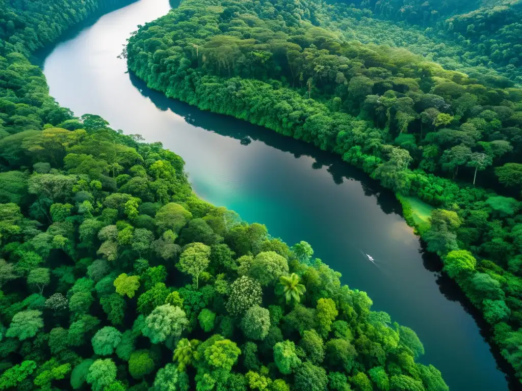 Un bosque lluvioso exuberante y biodiverso, con luz solar filtrándose a través del dosel y resaltando la exuberante vegetación