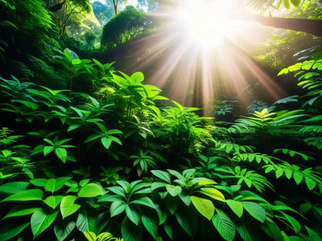 Un bosque lluvioso exuberante y biodiverso con plantas verdes vibrantes, árboles altos y una rica vegetación