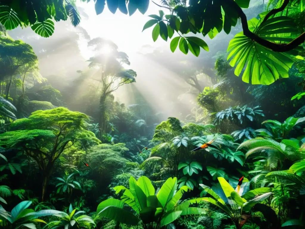 Un bosque lluvioso exuberante y diverso con vida silvestre vibrante, resaltando la belleza de la biodiversidad en un entorno natural