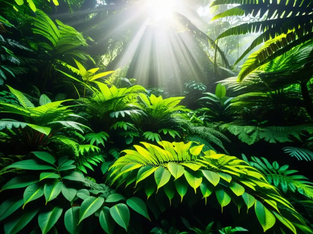 Un bosque lluvioso exuberante, con luz solar filtrándose a través del denso follaje y creando patrones de luz y sombra en el suelo del bosque