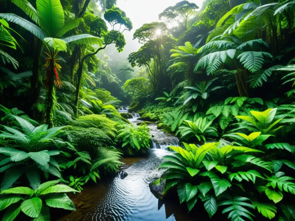 Un bosque lluvioso exuberante y próspero con luz solar filtrándose a través del dosel denso, iluminando hojas verdes vibrantes y creando patrones moteados en el suelo del bosque