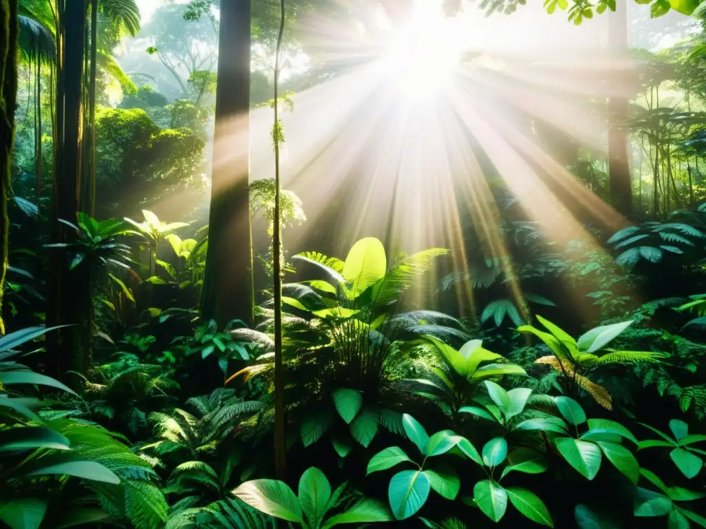 Un bosque lluvioso exuberante y vibrante con árboles altos, follaje verde intenso y vida silvestre diversa