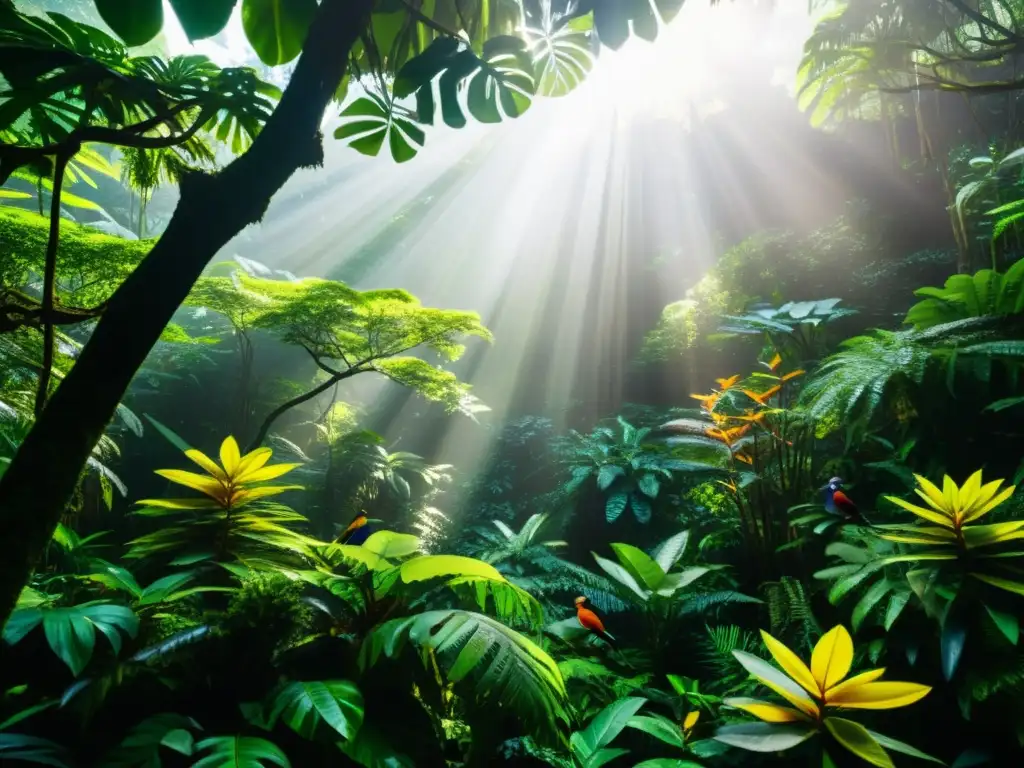 Un bosque lluvioso exuberante y vibrante, con diversa flora y fauna