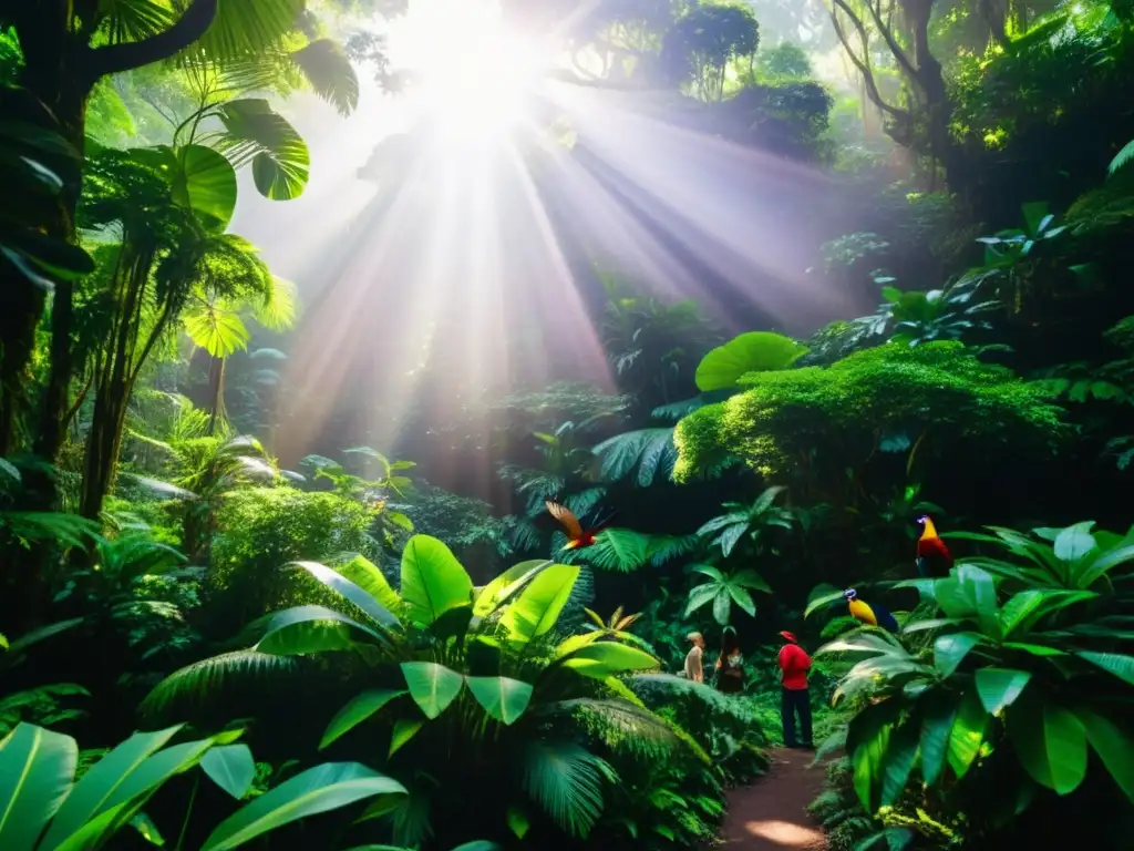 Un bosque lluvioso tropical exuberante, con turistas observando la biodiversidad