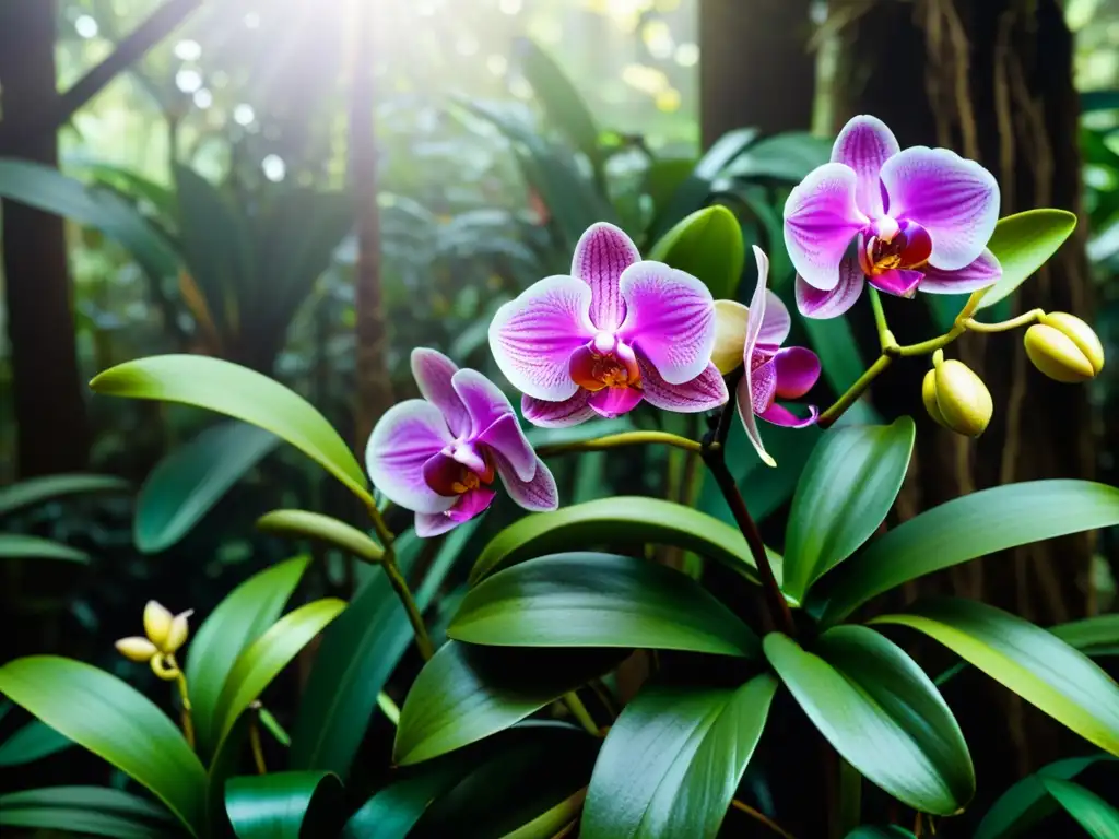 El bosque lluvioso tropical rebosa vida con orquídeas coloridas