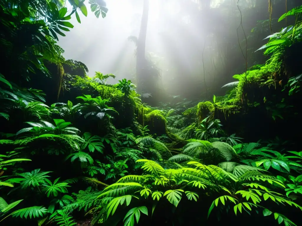 Un bosque lluvioso vibrante y exuberante, con raíces entrelazadas y vida microscópica