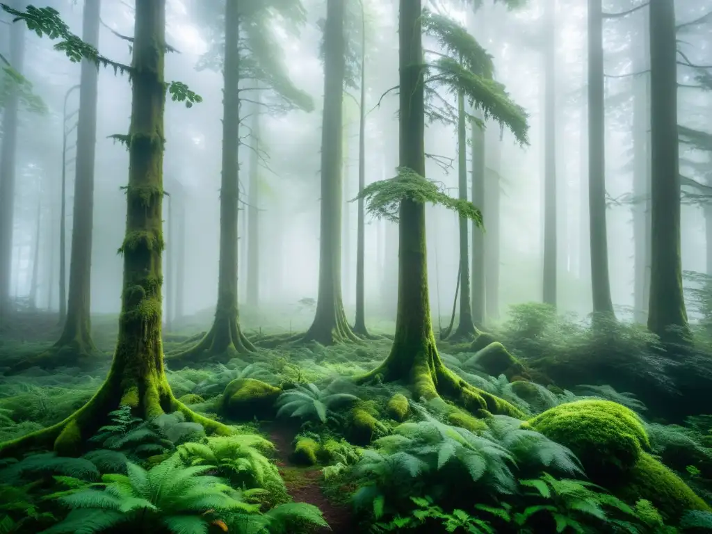 Un bosque mágico envuelto en niebla en Costa Rica, con árboles cubiertos de musgo y una atmósfera mística