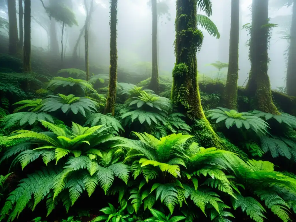 Un bosque mágico y neblinoso en Costa Rica, con árboles imponentes envueltos en bruma etérea y musgo vibrante cubriendo el suelo