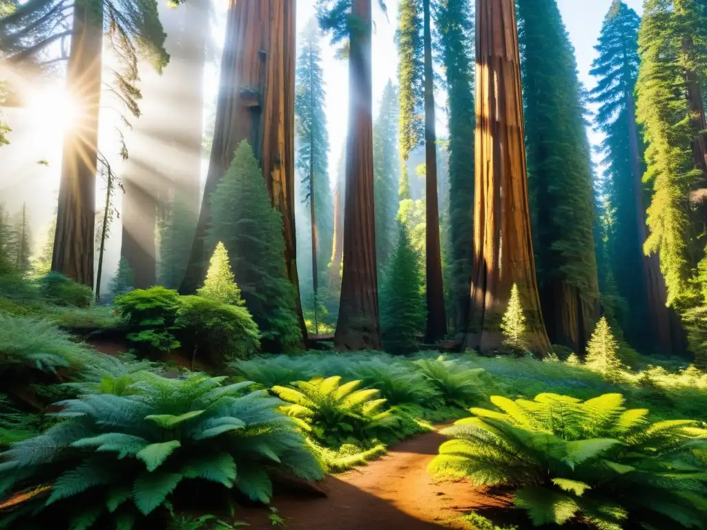 Un bosque majestuoso de secuoyas gigantes se alza orgulloso, con un exuberante ecosistema a sus pies