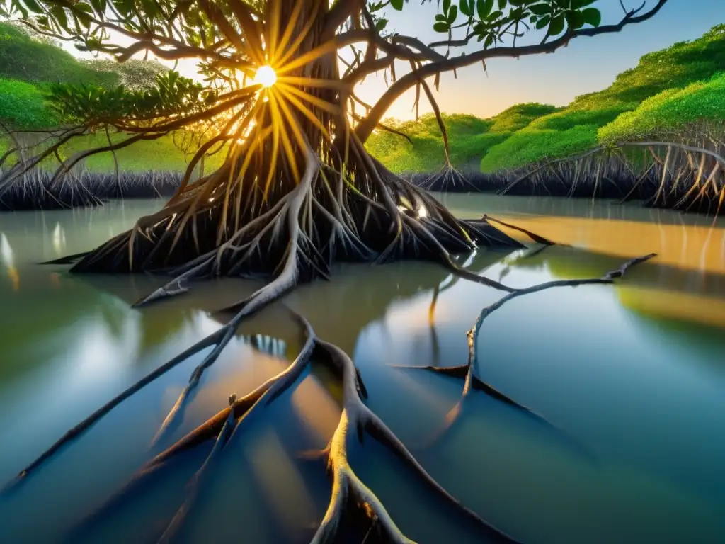 Un bosque de manglares al atardecer, con la luz dorada filtrándose entre las raíces y reflejándose en el agua