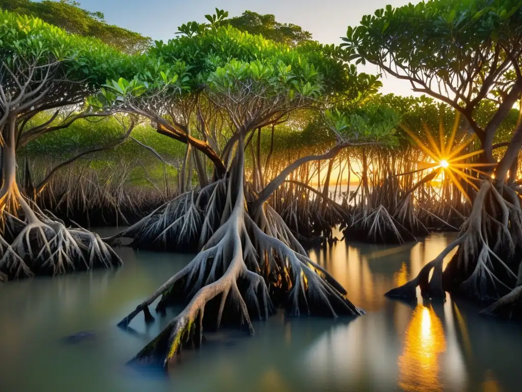 Un bosque de manglares detallado al atardecer, con raíces visibles sobre el agua