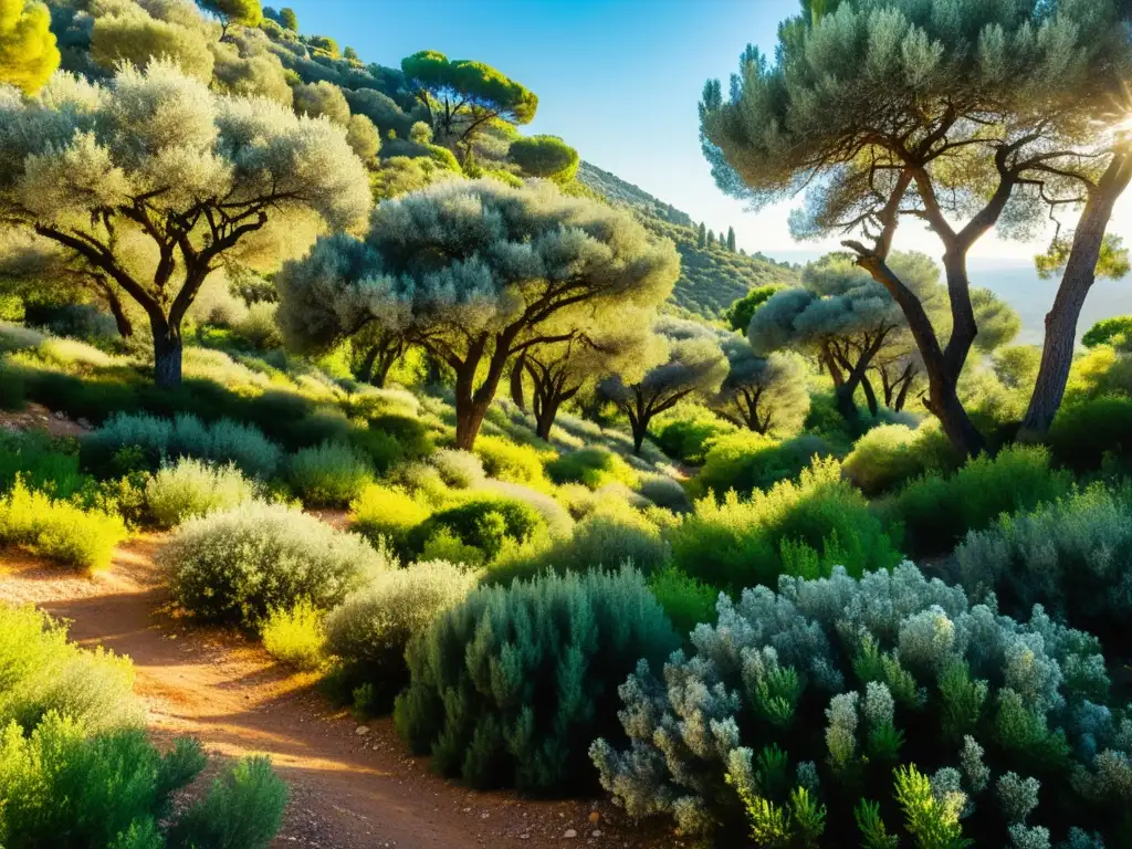 Un bosque mediterráneo exuberante con árboles de olivo, pinos y flores silvestres