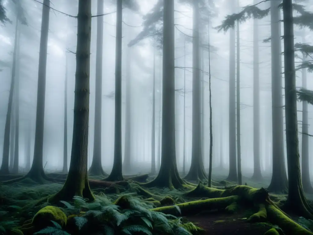 Un bosque misterioso envuelto en neblina, donde la luz y la sombra crean una atmósfera hermosa