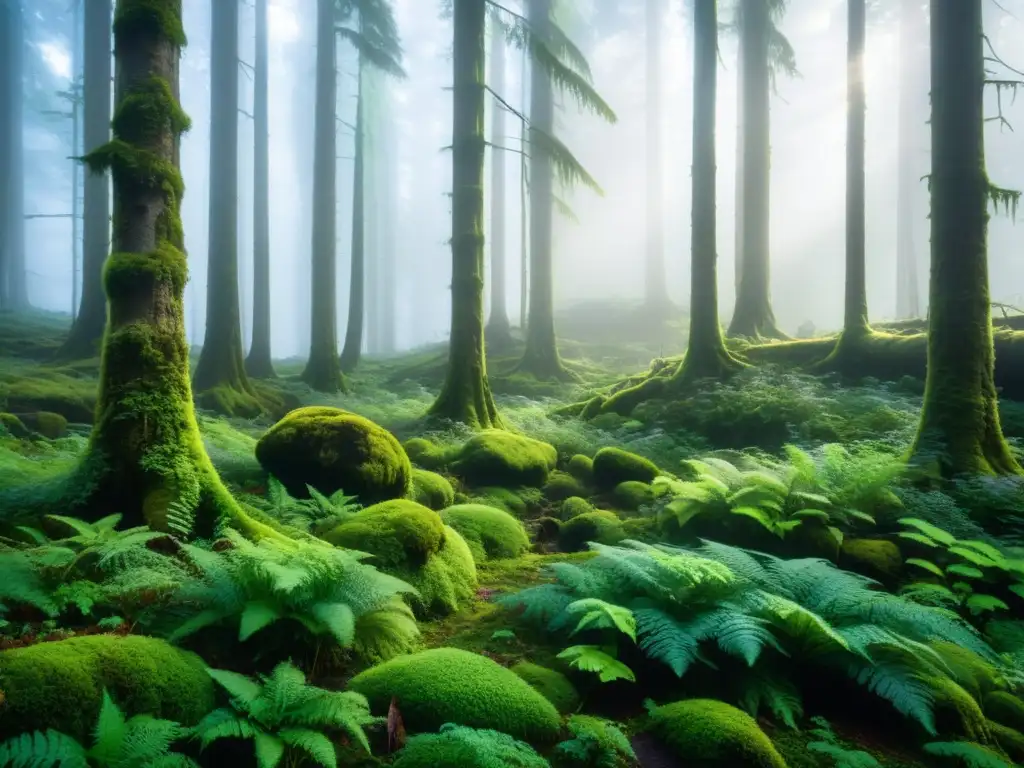 Un bosque misterioso envuelto en niebla, con árboles imponentes y un suelo cubierto de musgo verde vibrante