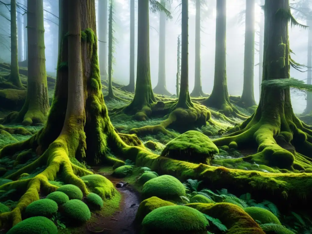 Un bosque místico y denso, con árboles antiguos y majestuosos en una atmósfera etérea