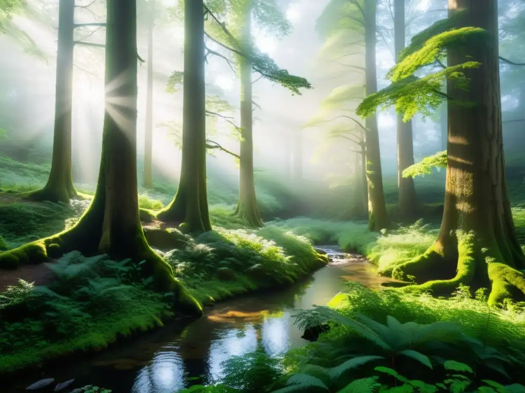 Un bosque místico y sereno con árboles antiguos y un arroyo claro, brinda beneficios para la salud mental en los ecosistemas