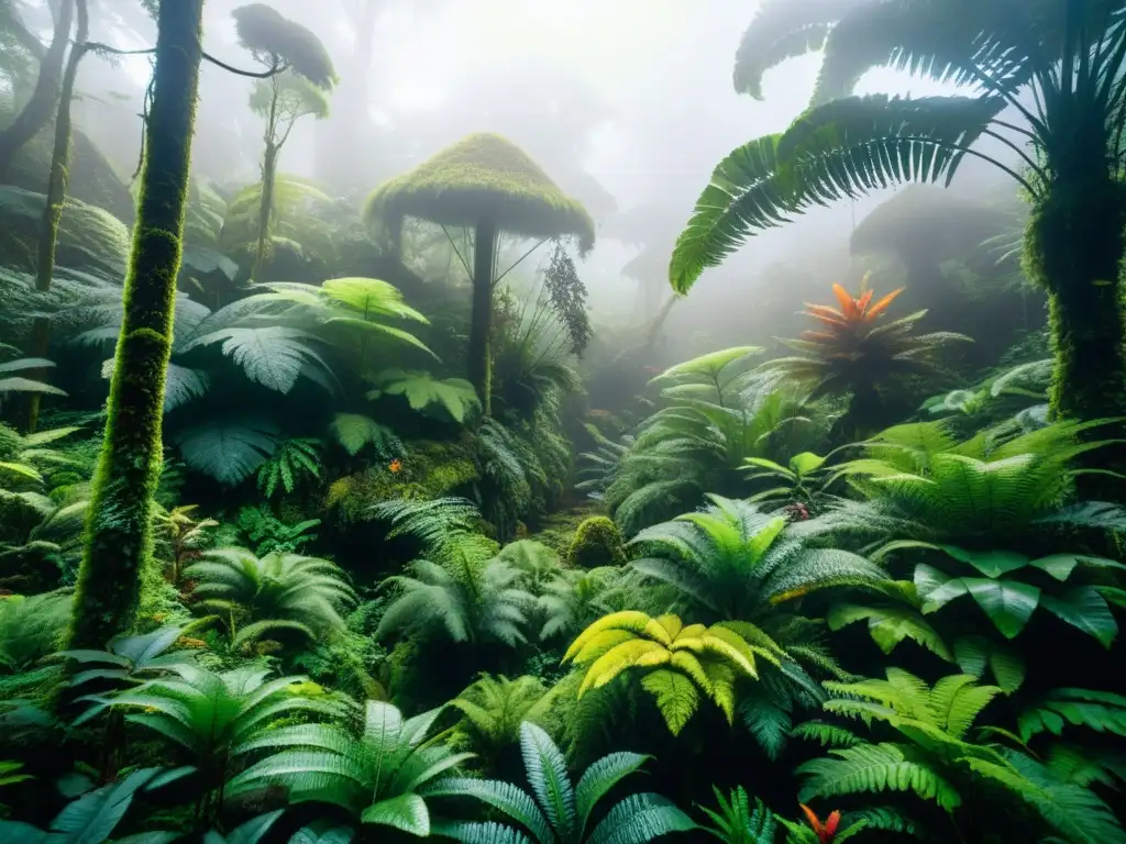 Un bosque nebuloso y denso, con árboles cubiertos de musgo verde exuberante y helechos