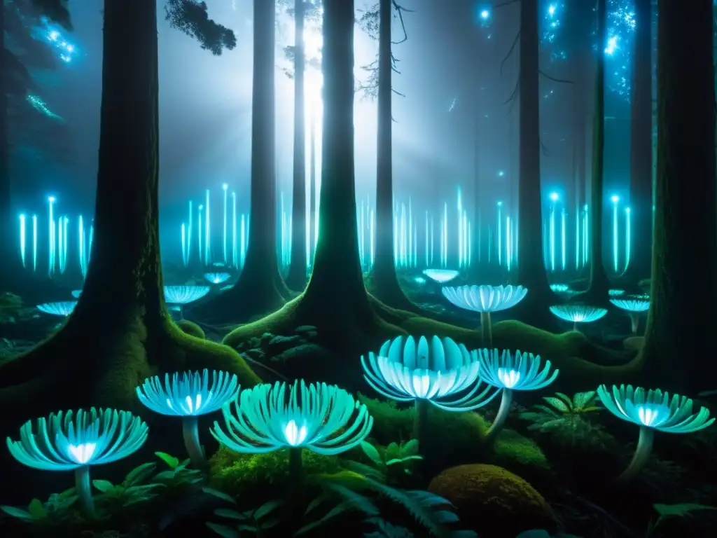 Un bosque nocturno rebosante de bioluminiscencia como fuente de iluminación sostenible, con una atmósfera mágica y serena