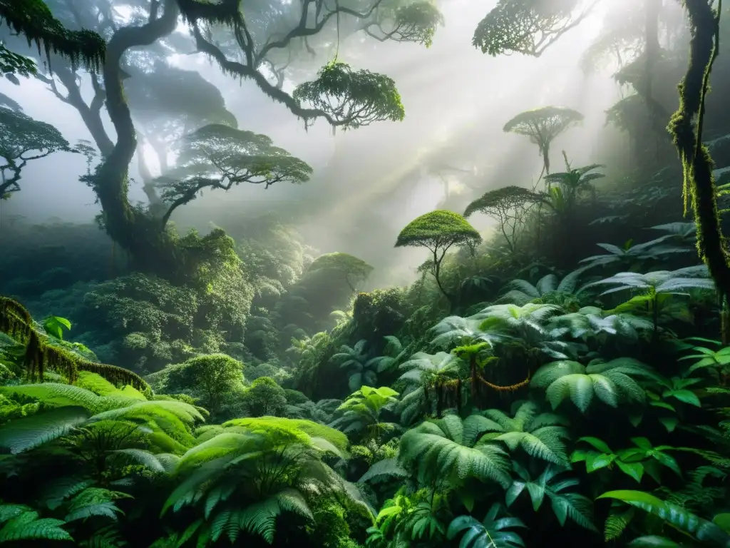 Un bosque nublado con árboles cubiertos de niebla y rayos de sol creando patrones meteorológicos en la exuberante vegetación